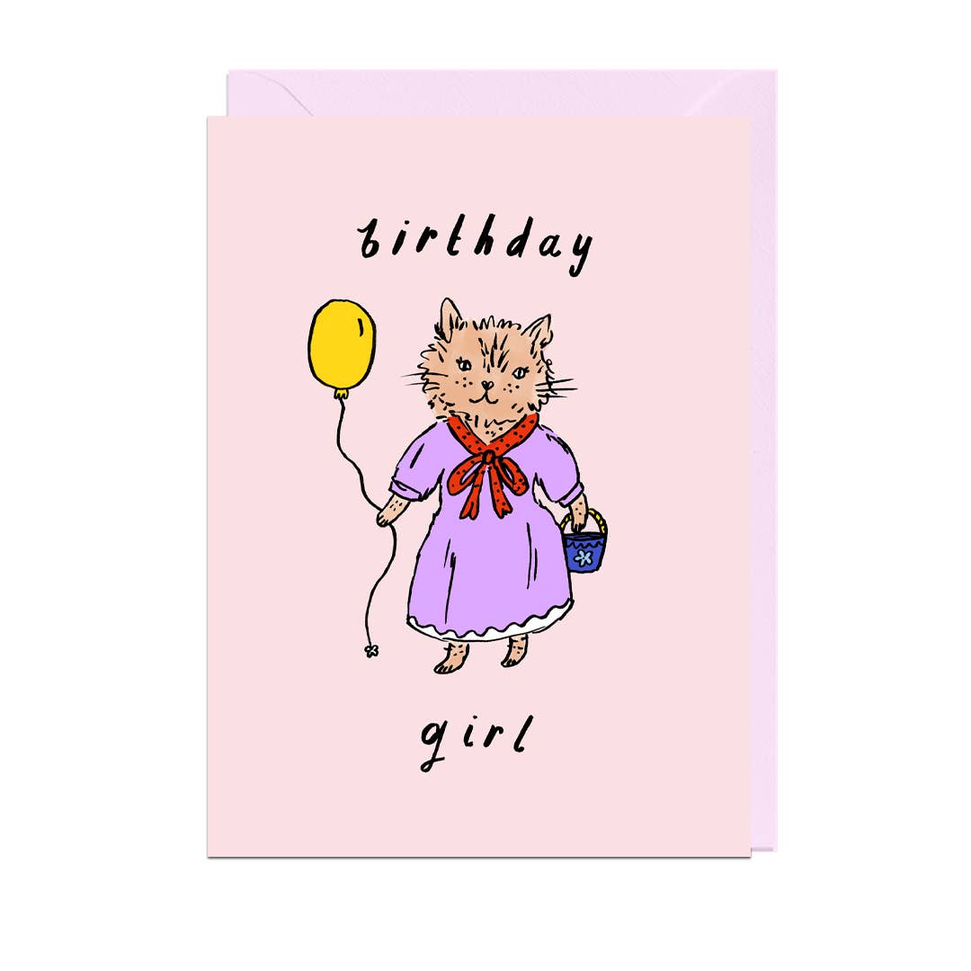 BIRTHDAY GIRL CAT, PALE PINK ENVELOPE Card