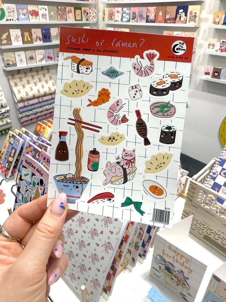 A6 sticker sheet, 20 x mini stickers, sushi or ramen?