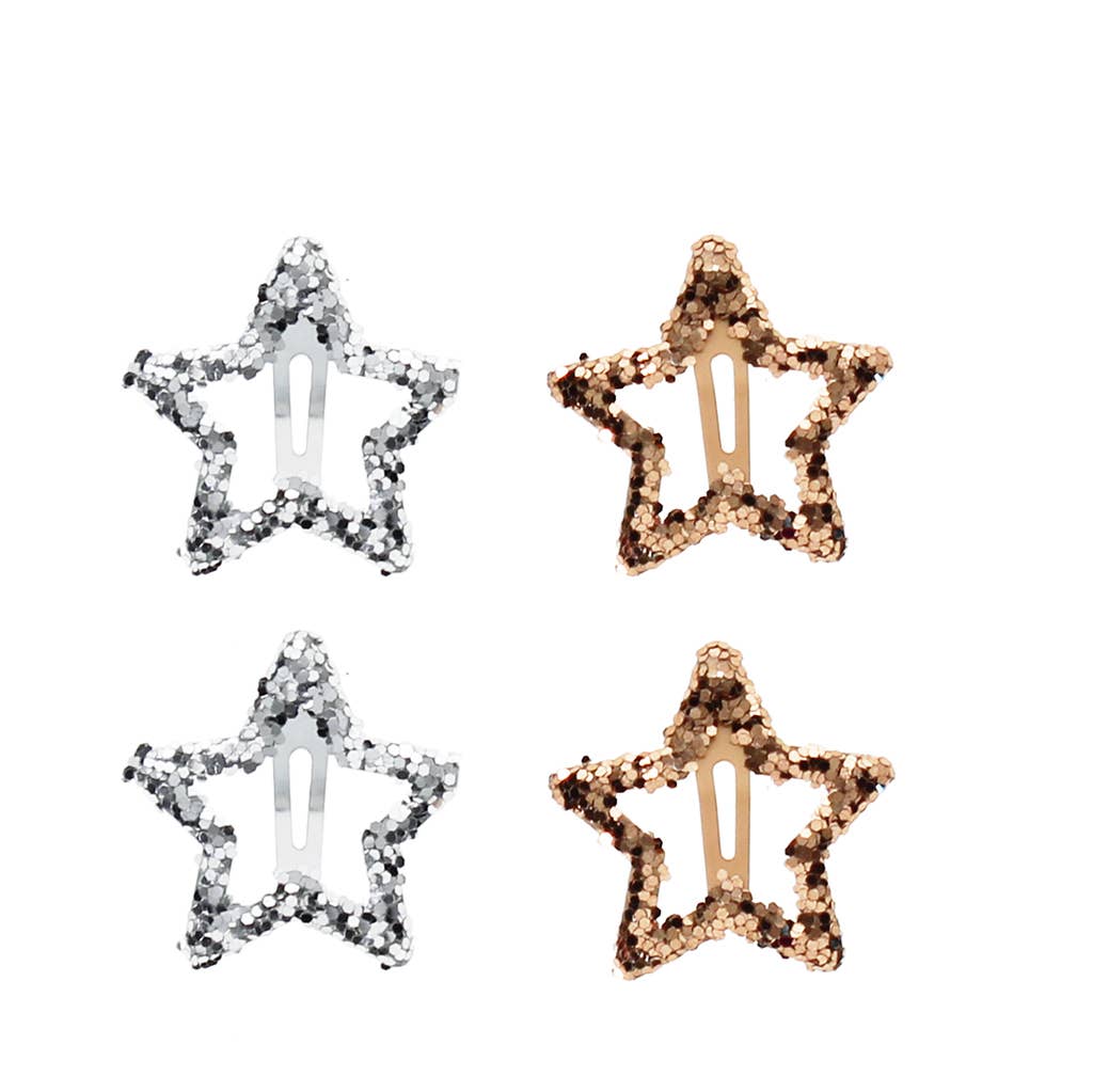 Star Hair Clips (set of 4) - Gold and Silver glitter