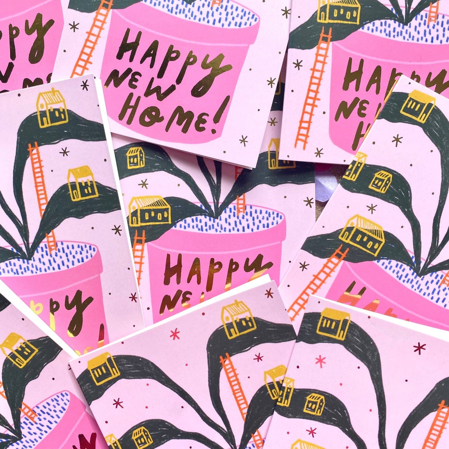 Happy New Home House Plant Gold Greetings Card