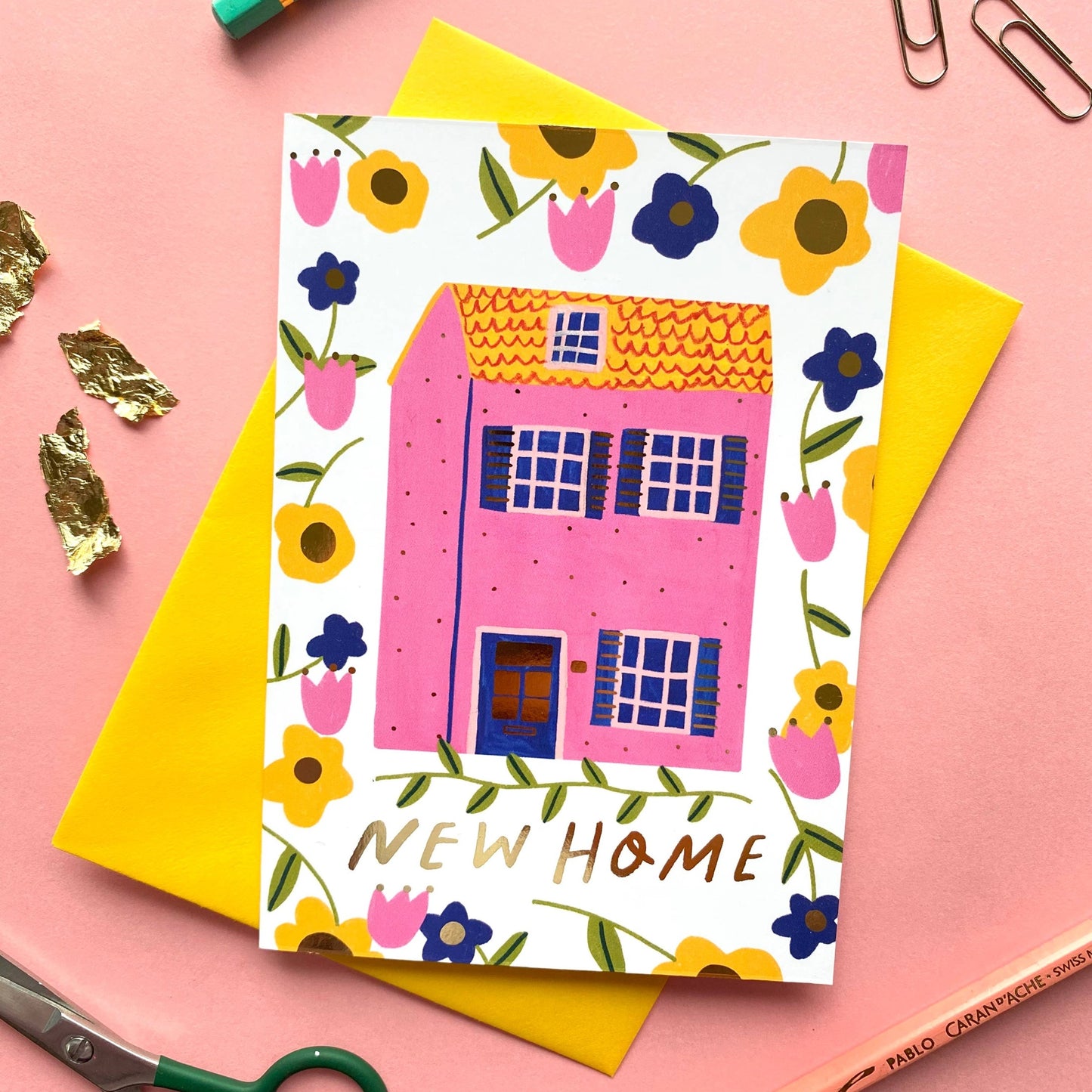 New Home Floral Patterned Gold Greetings Card