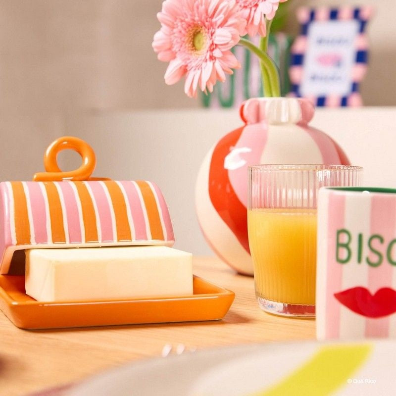 Orange and Pink Striped Butter Dish