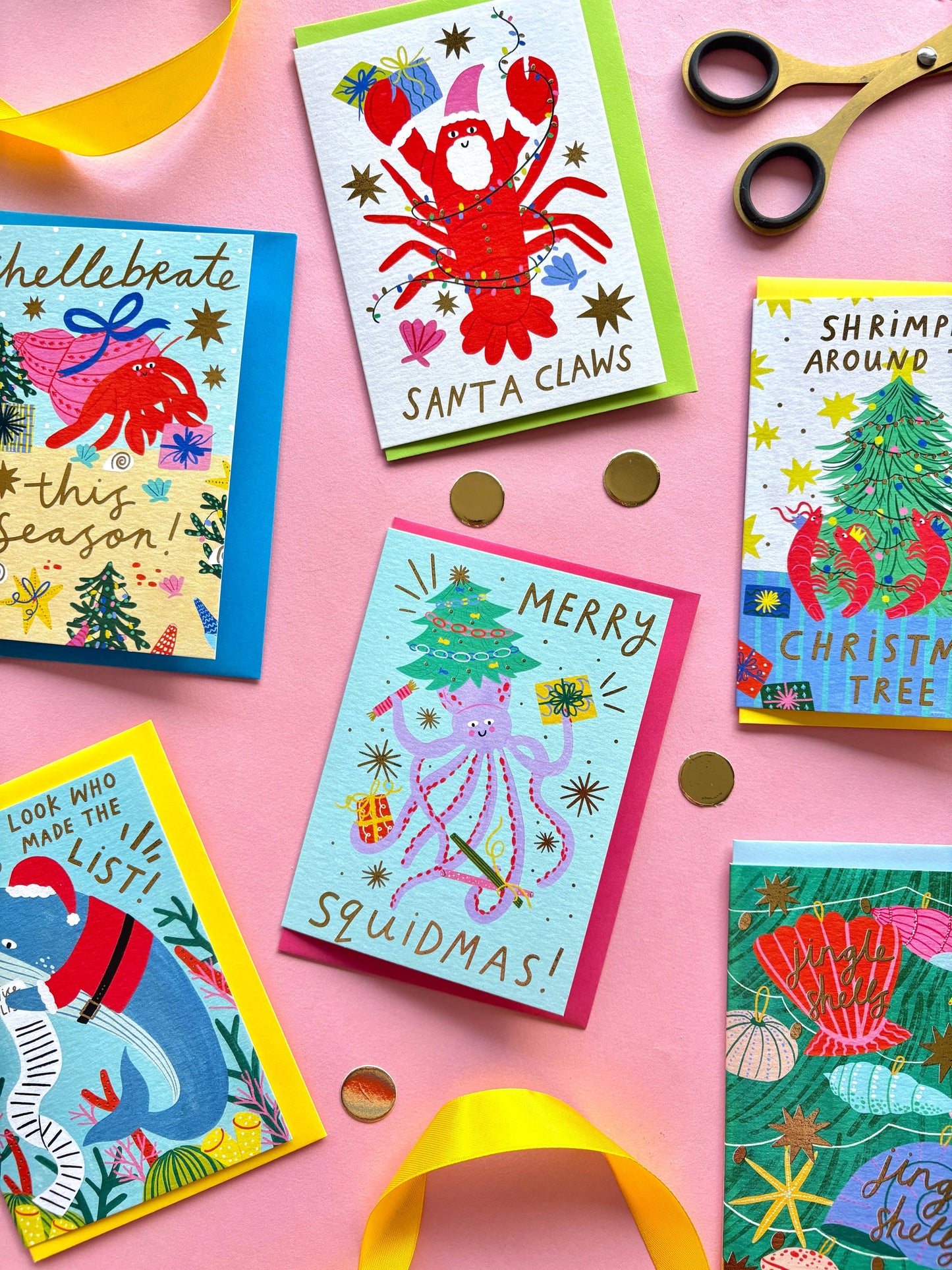 Funny Lobster Santa Claws Christmas Card | Cute Coastal Holiday Card | Christmas Gold Foil Card | Nautical Xmas Card