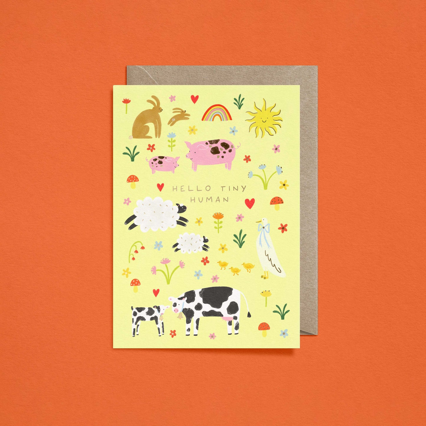 Hello Tiny Human Baby Card | Farm Animals Card | Gold Foiled
