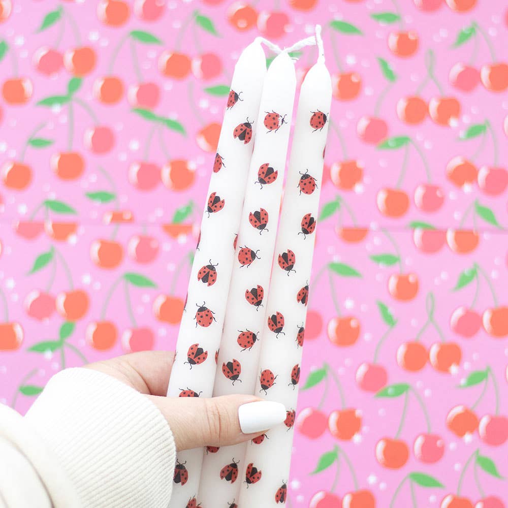 Set of 3 Ladybug Print Valentine's Day Taper Candles
