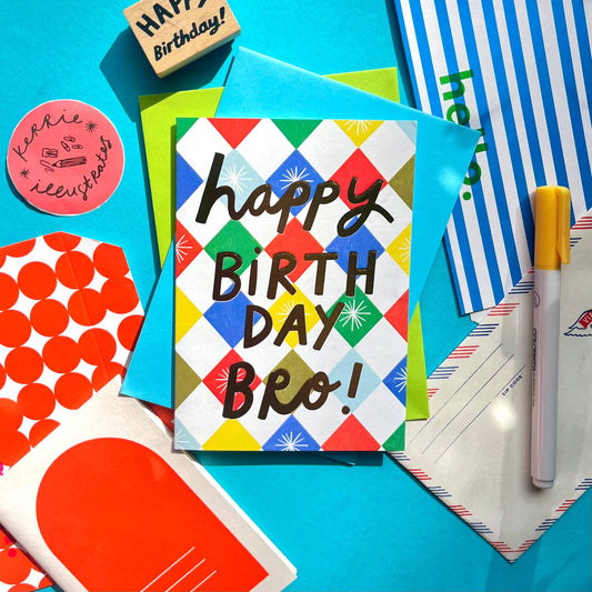 Happy Birthday Bro! Patterned Greeting Card | Brother Friend Relation Family Celebrate Colourful