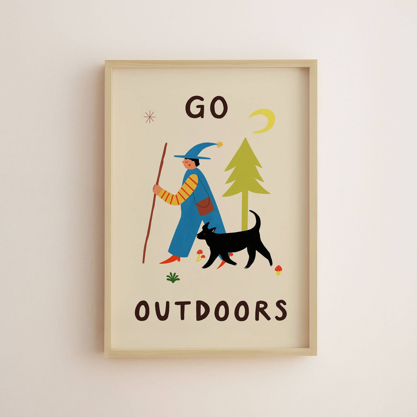 Go Outdoors Art Print | Nature | Folky | Mushrooms | Dog