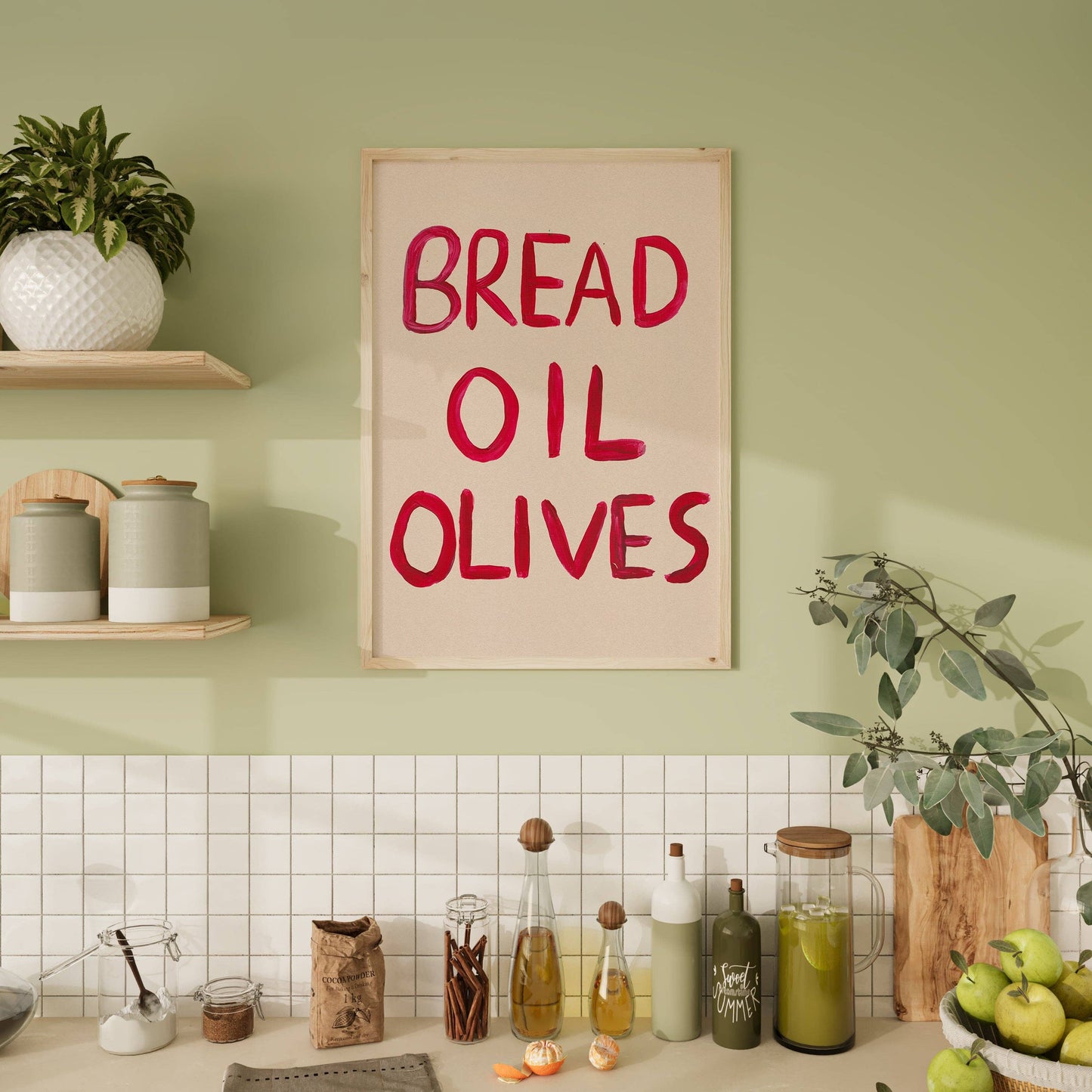 Food Art Print – Bread, Oil, Olives - Kitchen Wall Decor: Unframed / A5