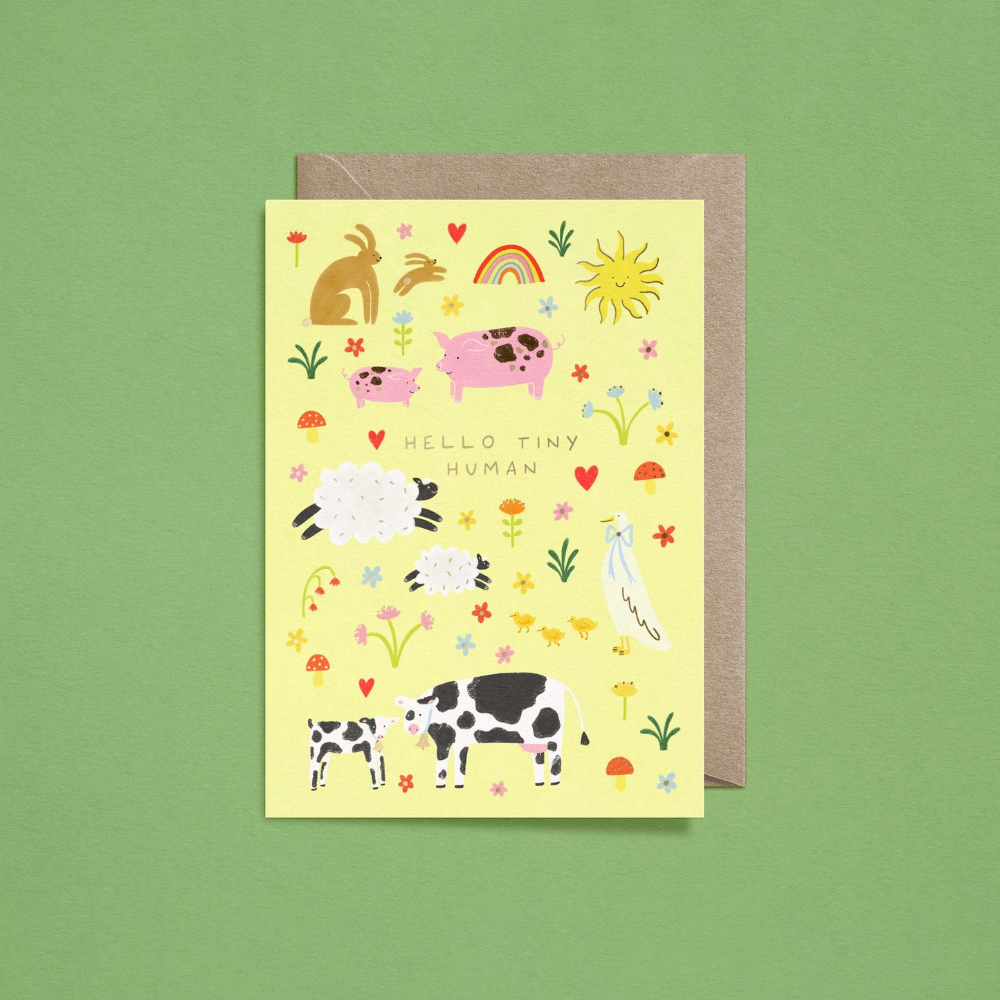 Hello Tiny Human Baby Card | Farm Animals Card | Gold Foiled