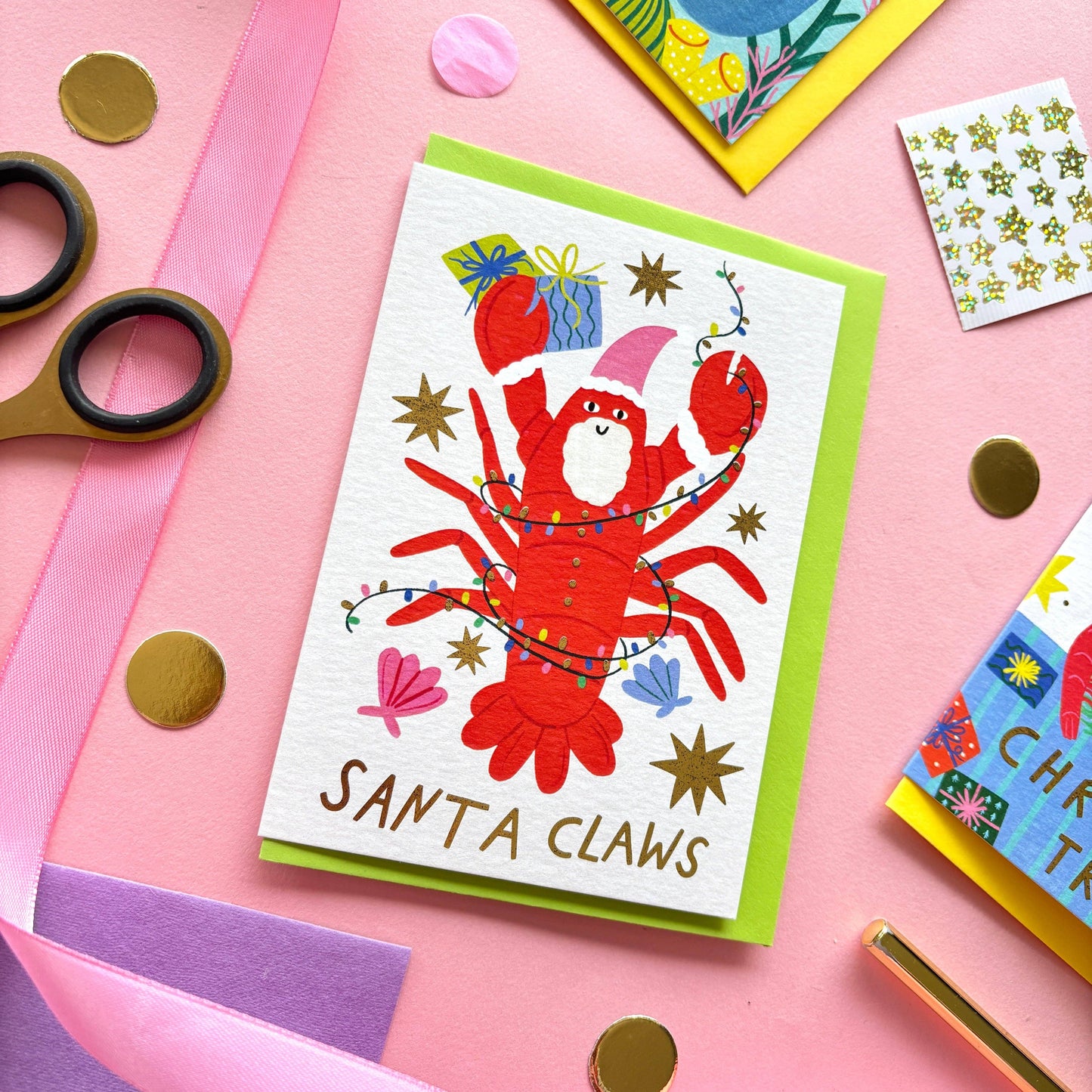 Funny Lobster Santa Claws Christmas Card | Cute Coastal Holiday Card | Christmas Gold Foil Card | Nautical Xmas Card
