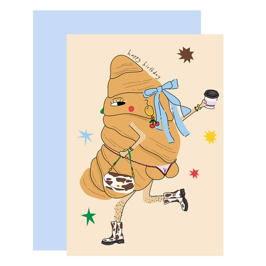 Croissant in boots birthday card|fun greeting cards