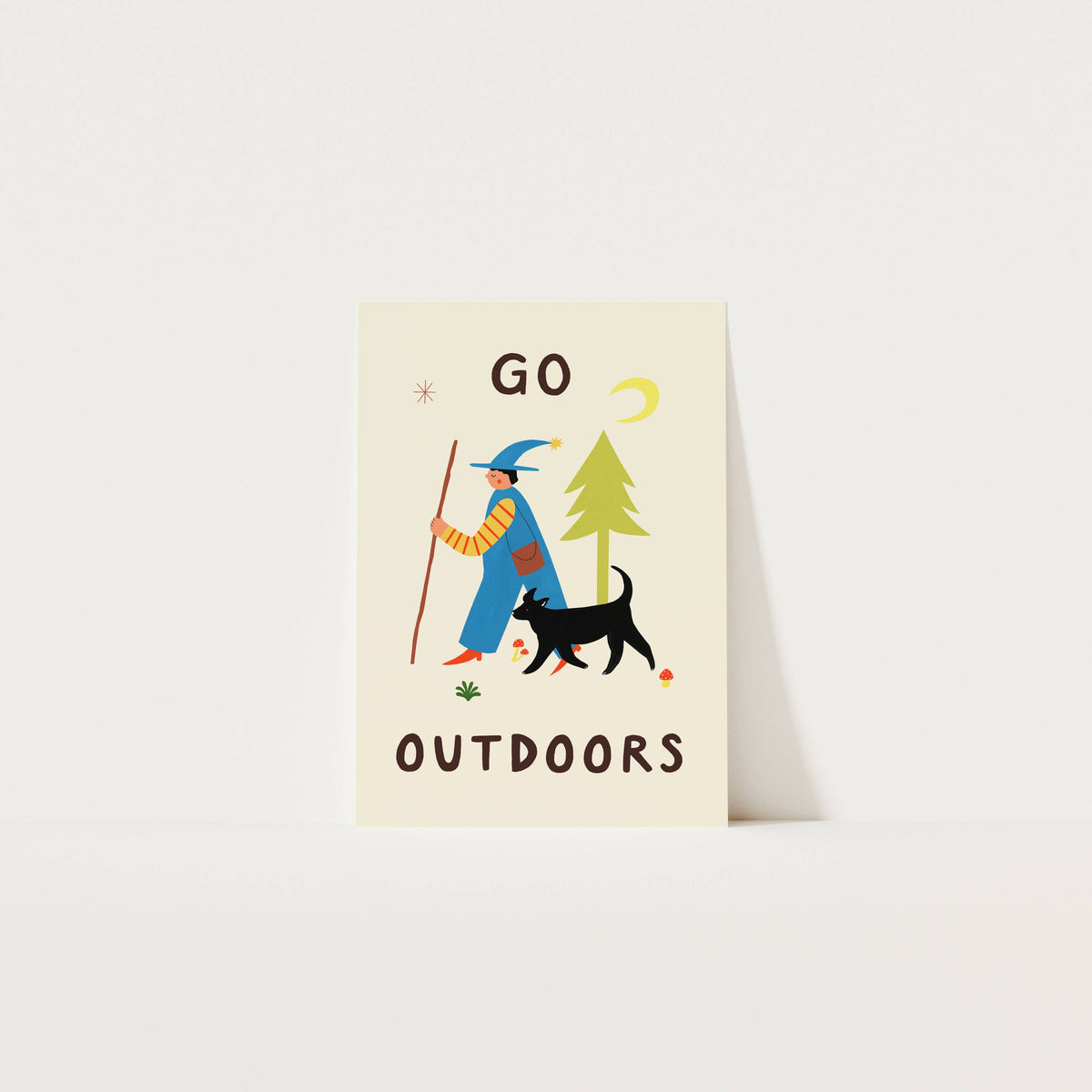 Go Outdoors Art Print | Nature | Folky | Mushrooms | Dog: A3