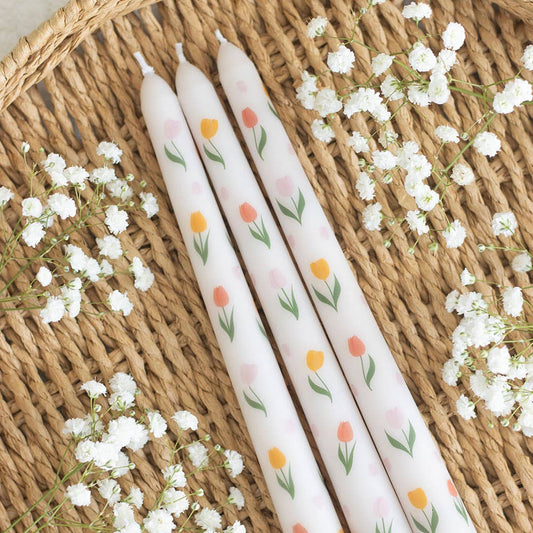Set of 3 Spring Tulip Print Taper Candles