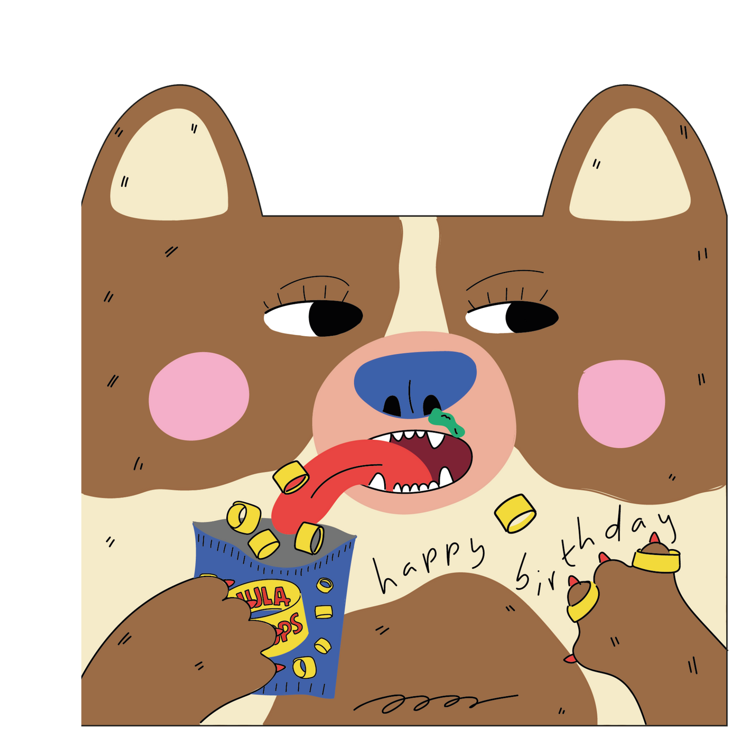 Dog eats hula hoops- Die cut kids greeting card