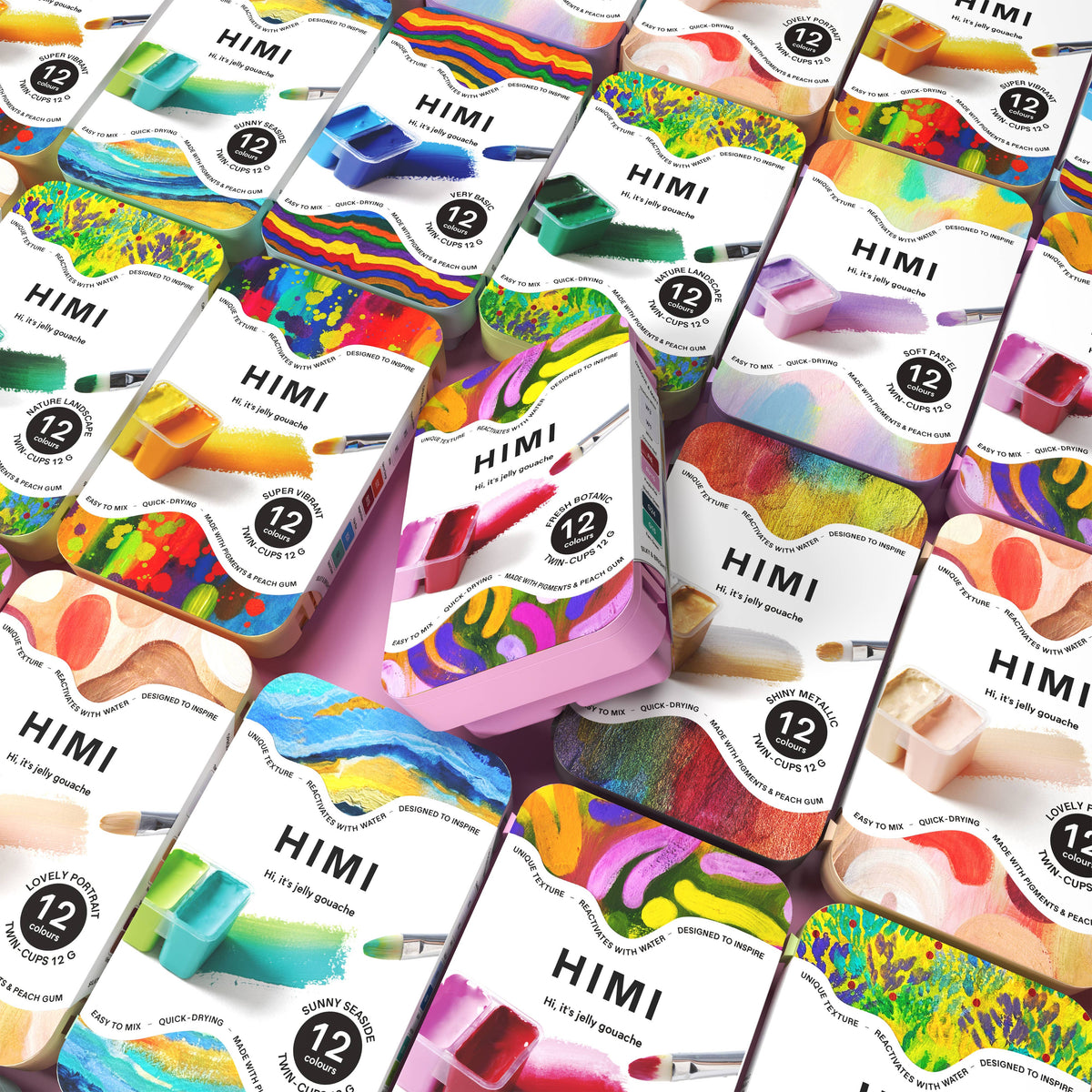 HIMI Twin Cup Gouache Set, 12 Fresh Botanic Colours, Pink