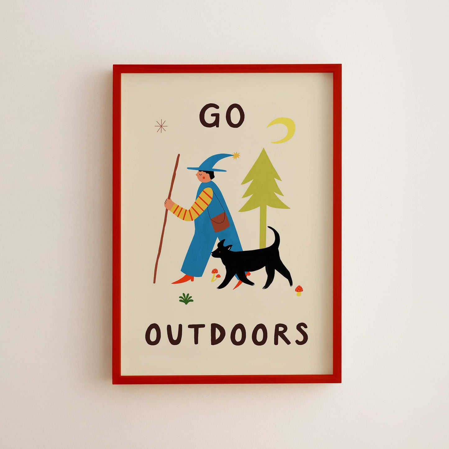Go Outdoors Art Print | Nature | Folky | Mushrooms | Dog
