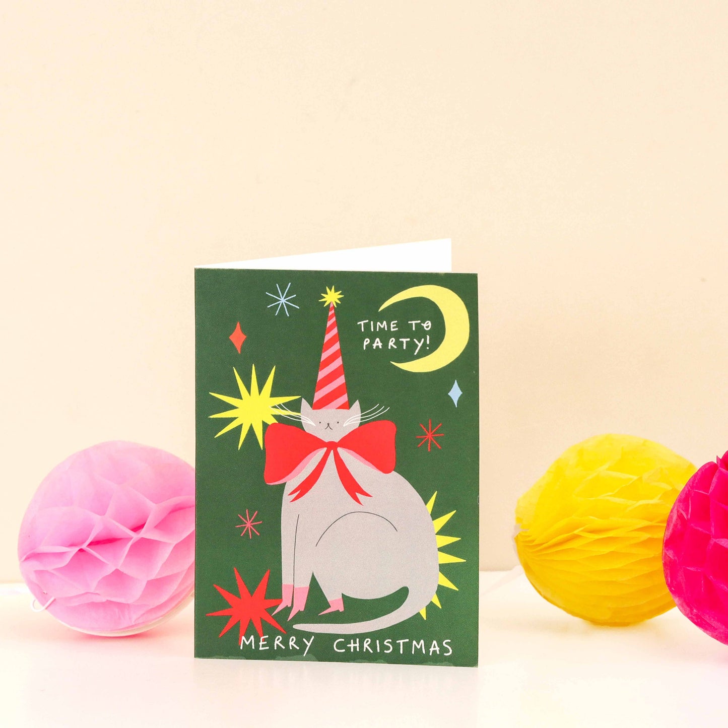 Time To Party Christmas Card | Cat Card | Party Hat | Moon