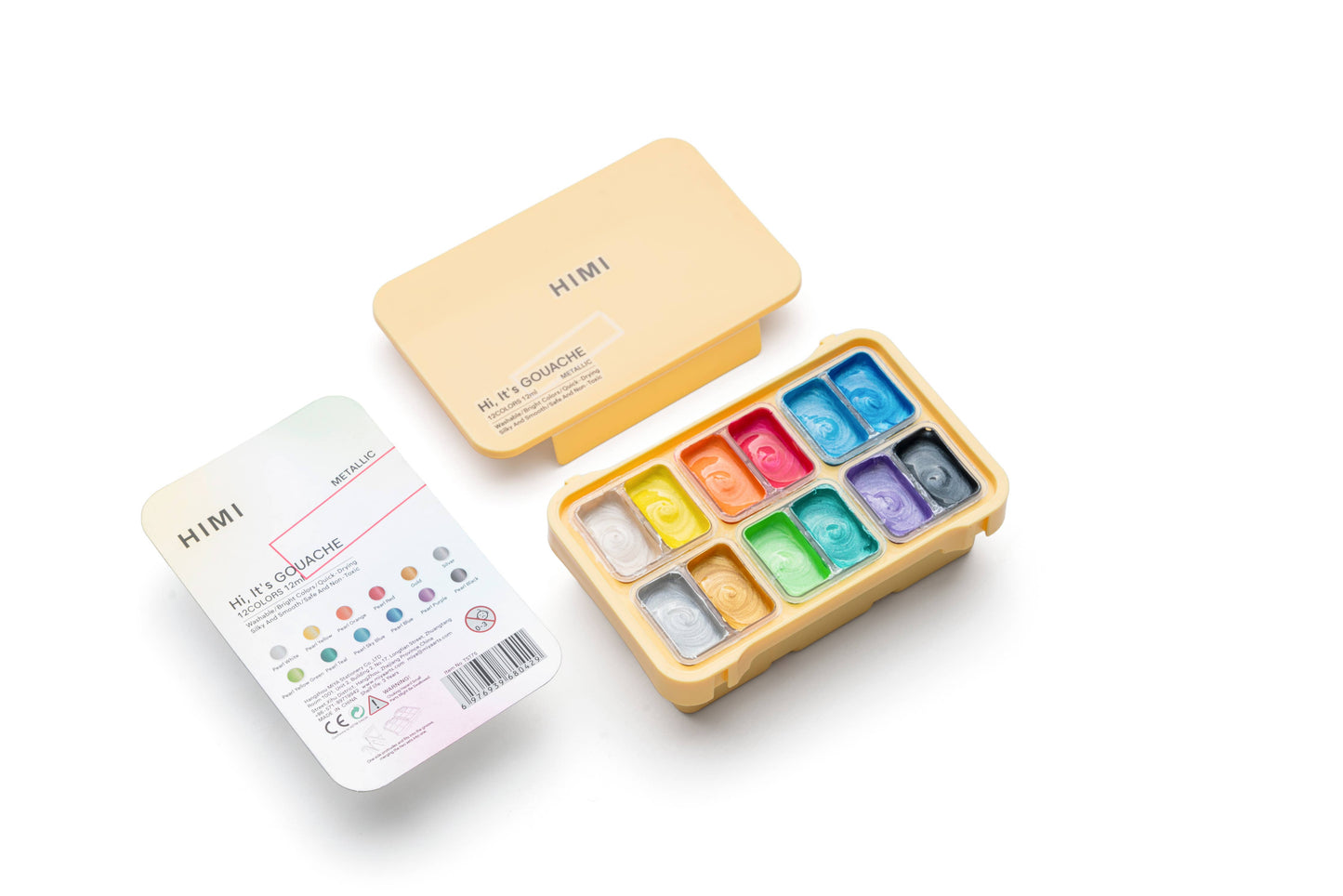 HIMI Twin Cup Gouache Set, 12 Colours, Yellow Case Metallic