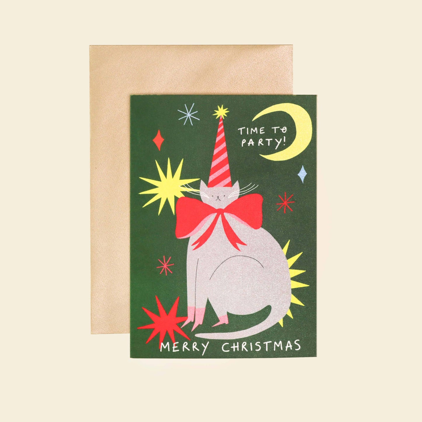 Time To Party Christmas Card | Cat Card | Party Hat | Moon