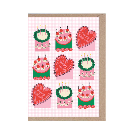 Gingham Birthday Cakes - Birthday Card - Cute Card - Cakes