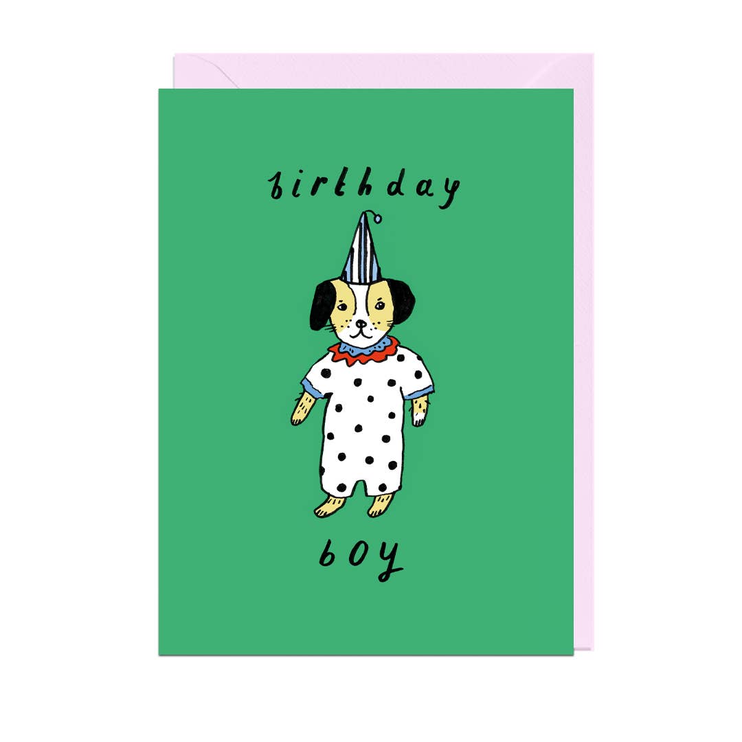 BIRTHDAY BOY DOG, PALE PINK ENVELOPE Card