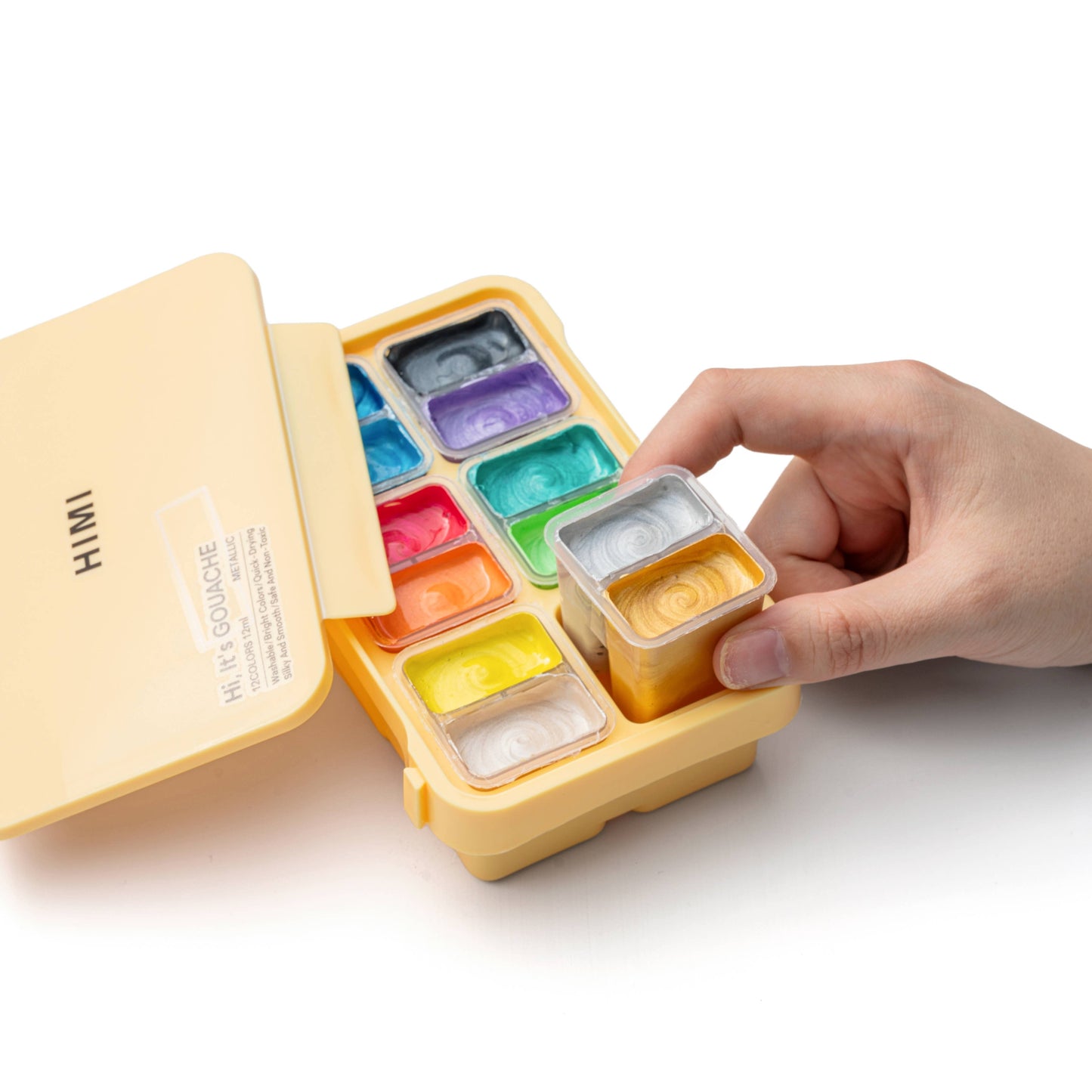 HIMI Twin Cup Gouache Set, 12 Colours, Yellow Case Metallic