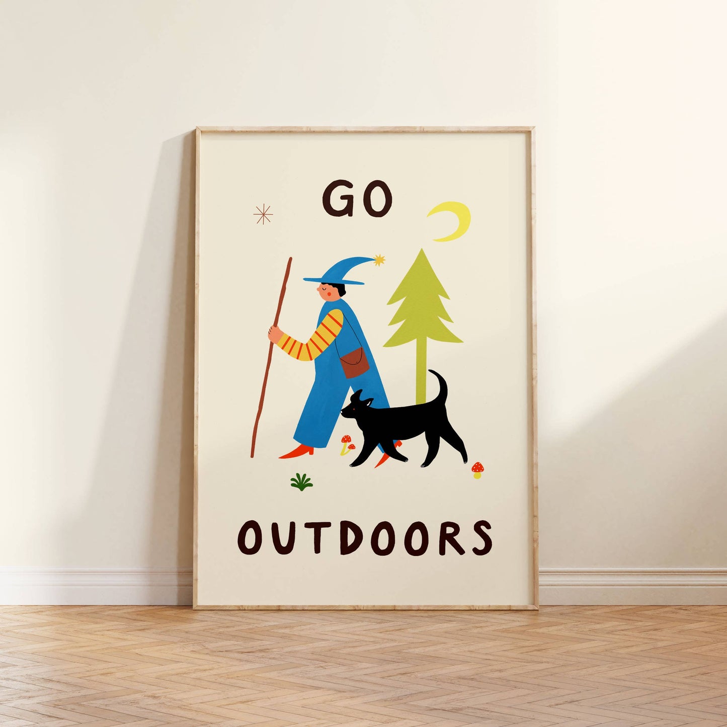 Go Outdoors Art Print | Nature | Folky | Mushrooms | Dog