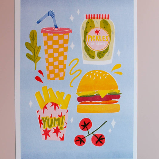 Burger and Fries Risograph A4 print