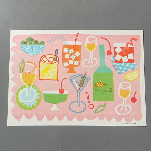 'Cocktails' Colourful Risograph Print A3