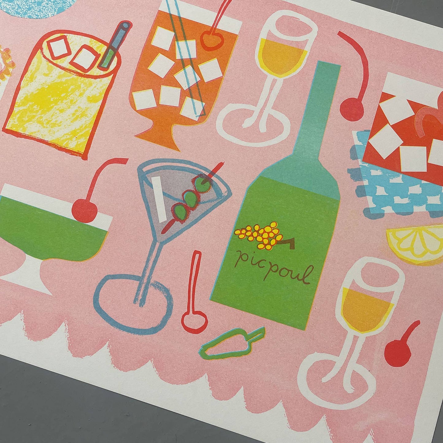 'Cocktails' Colourful Risograph Print A3