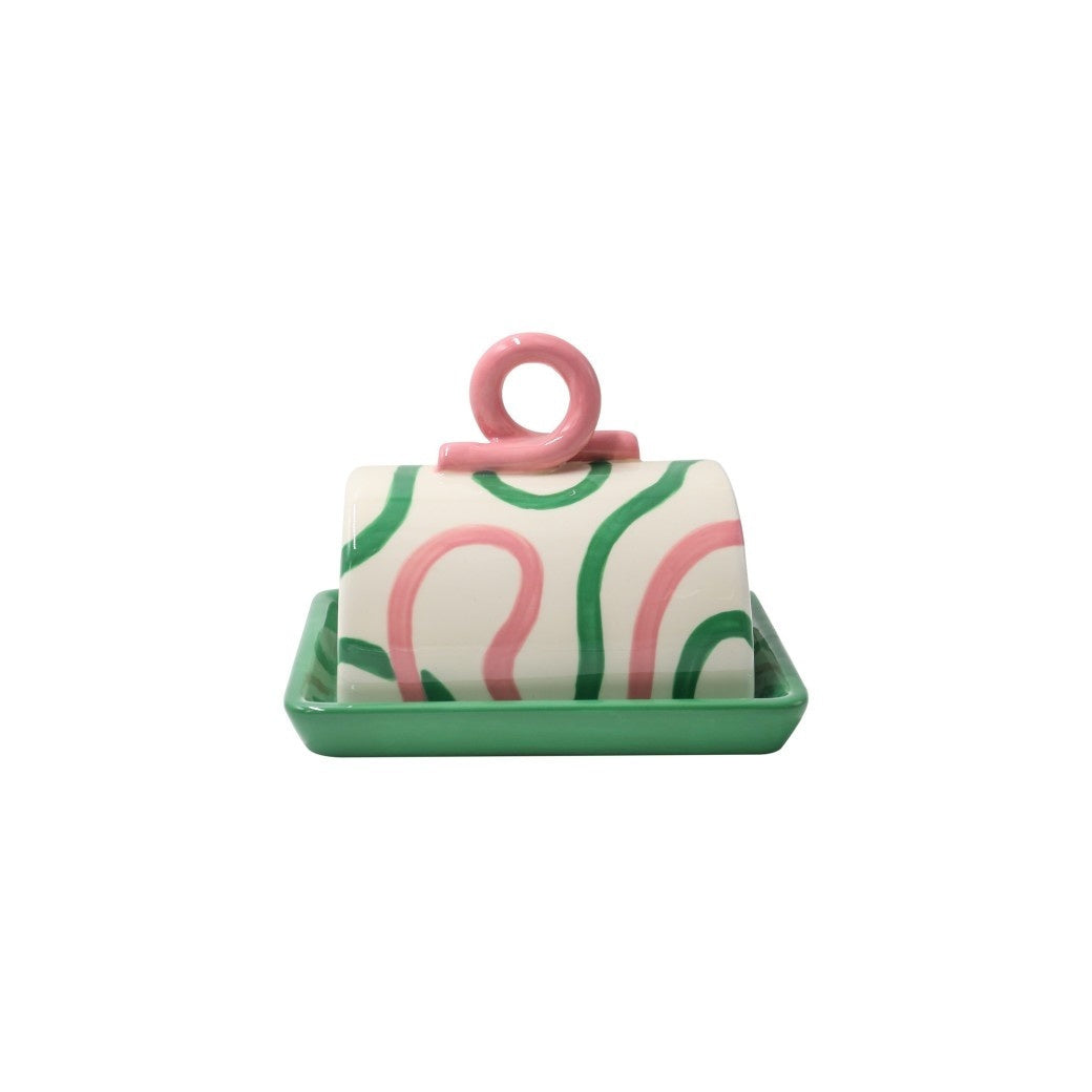 Green and Pink Swirly Butter Dish