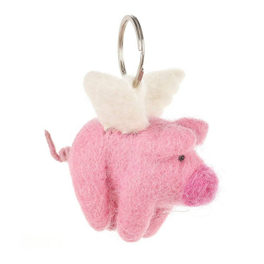Handmade Fair trade Needle Felt Flying Pig Keyring