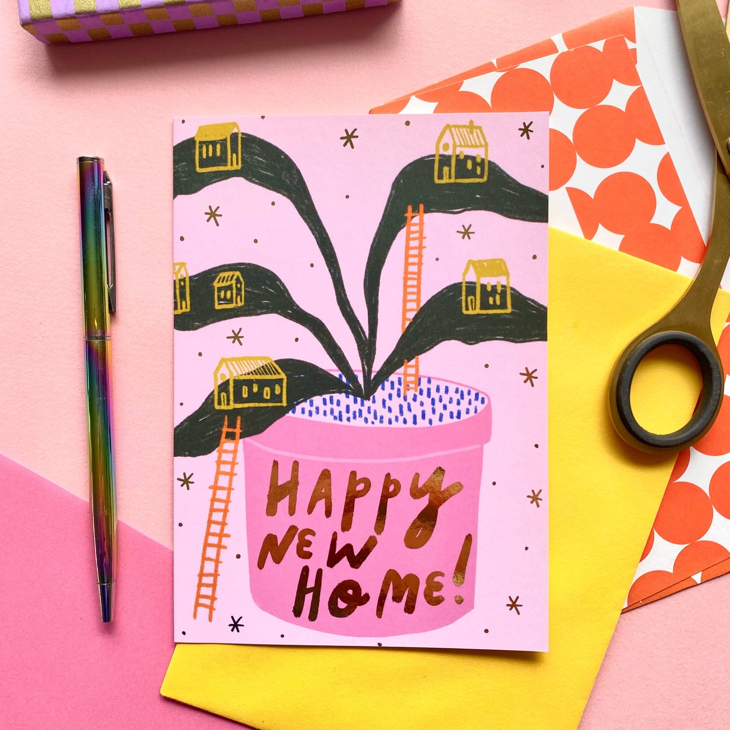 Happy New Home House Plant Gold Greetings Card