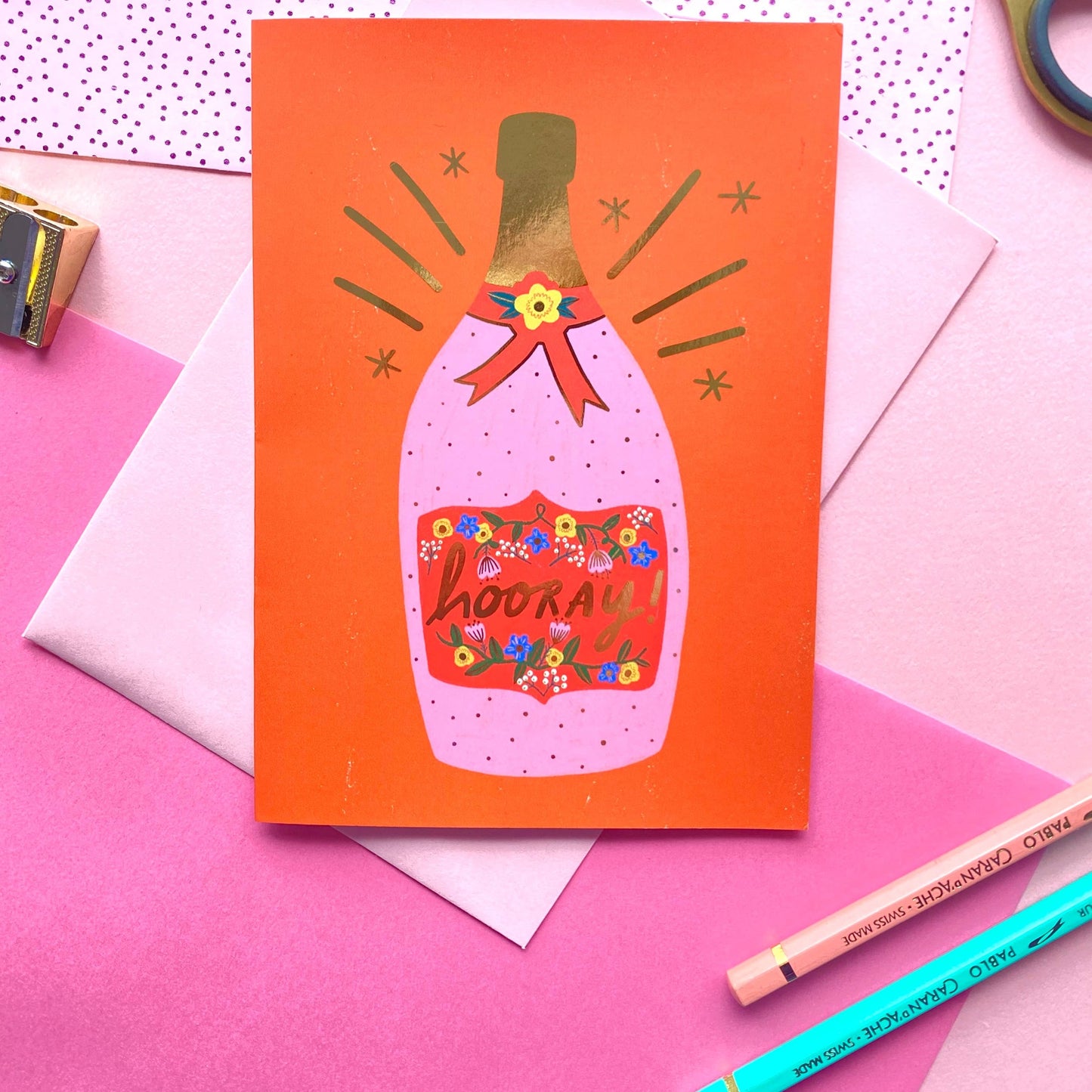 Hooray Prosecco Bottle Celebration Gold Greetings Card