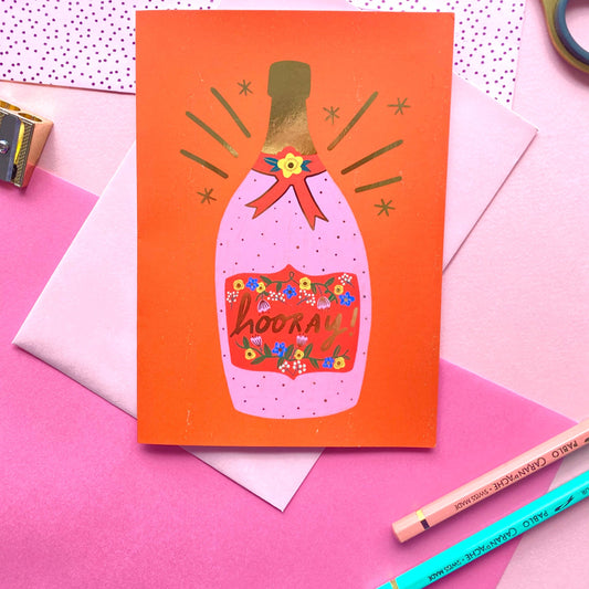 Hooray Prosecco Bottle Celebration Gold Greetings Card