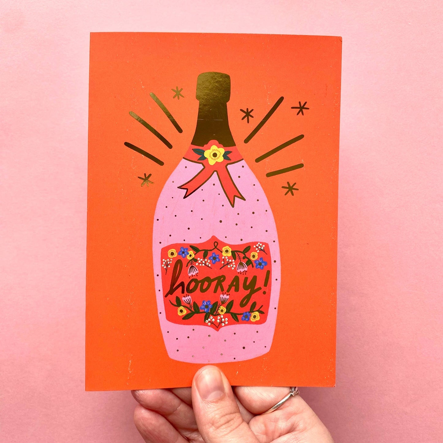 Hooray Prosecco Bottle Celebration Gold Greetings Card