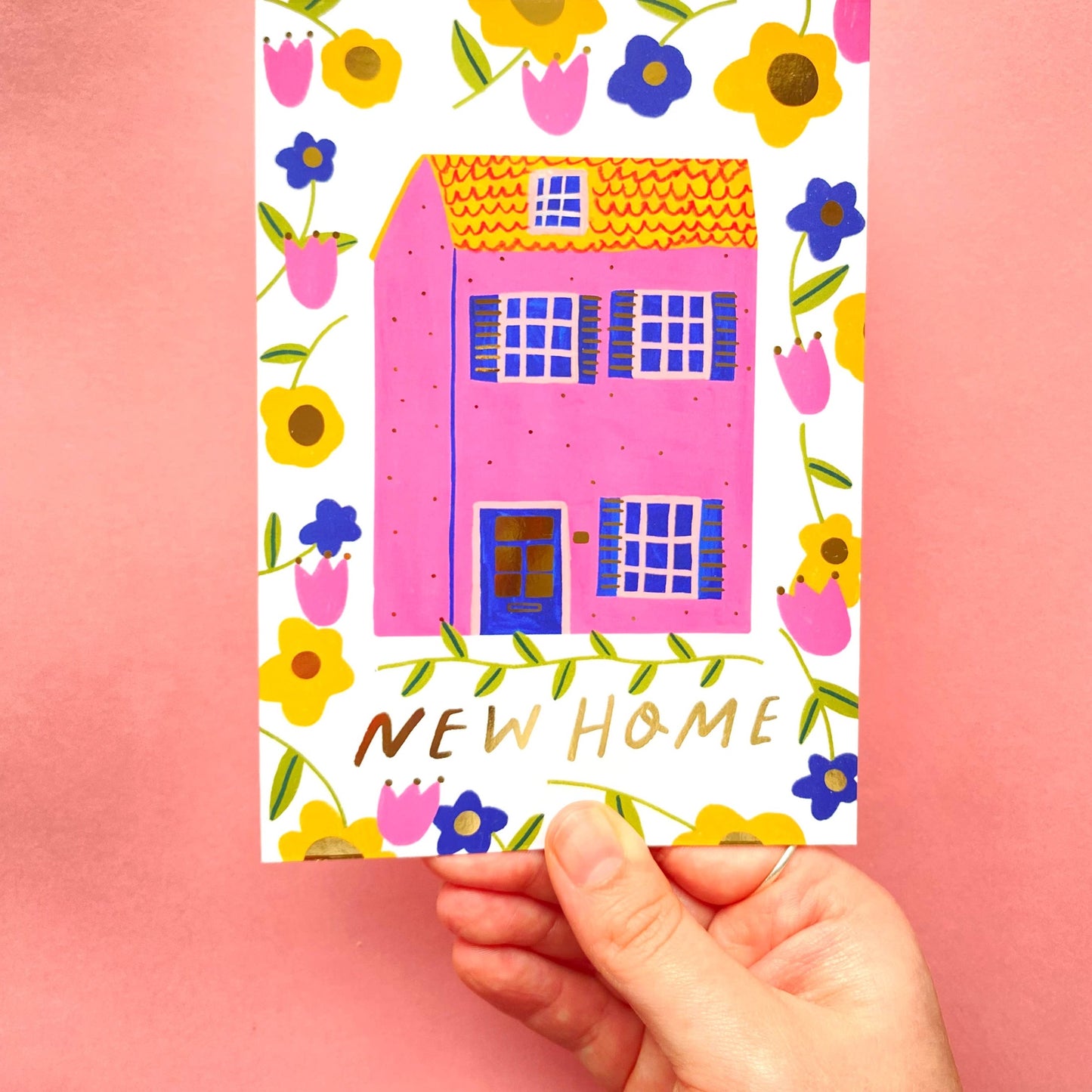 New Home Floral Patterned Gold Greetings Card