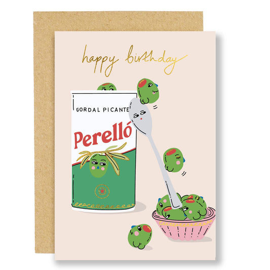 Picante olive birthday card, gold foil