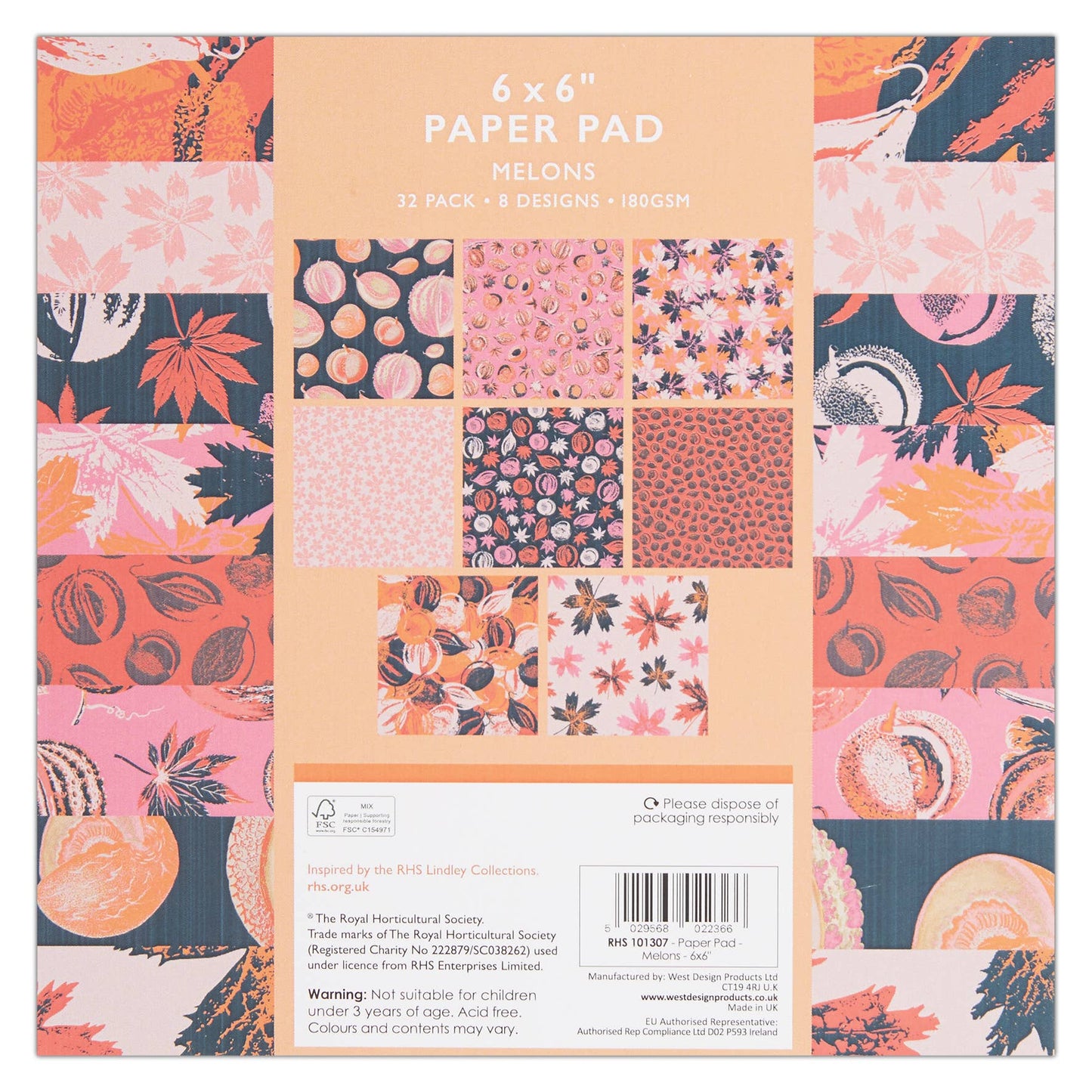 RHS Paper Pad, 180 GSM, Melons, 6" x 6", 32 Sheets