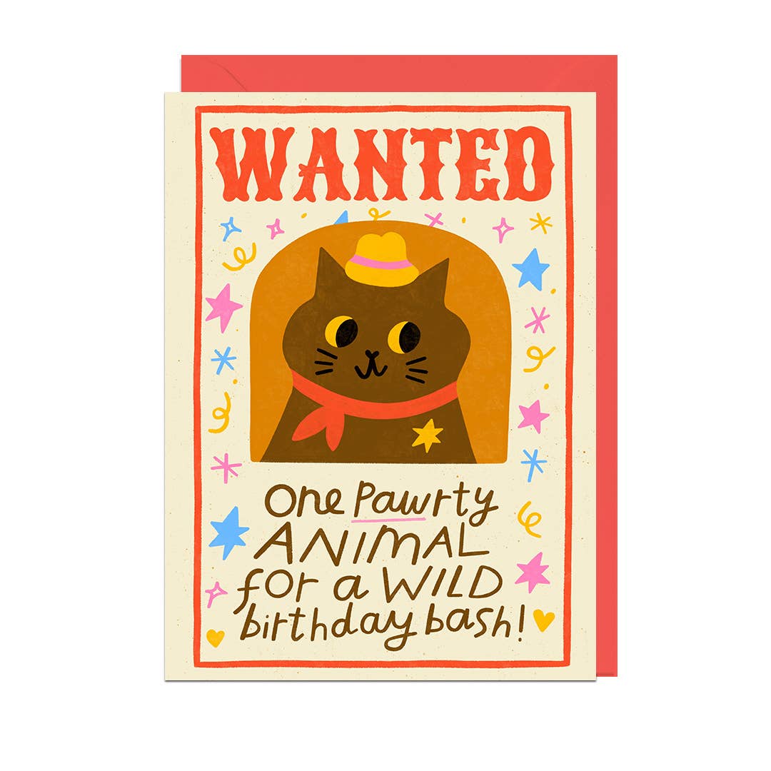 WANTED PAWTY ANIMAL RED ENVELOPE Birthday Card