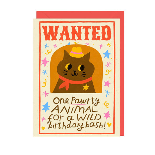WANTED PAWTY ANIMAL RED ENVELOPE Birthday Card