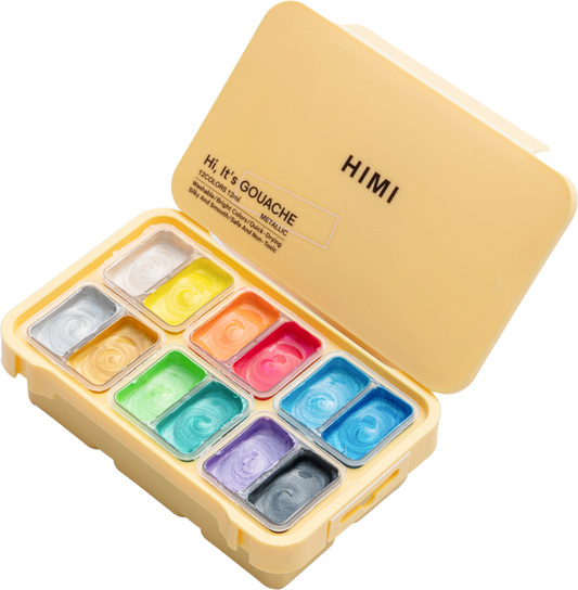 HIMI Twin Cup Gouache Set, 12 Colours, Yellow Case Metallic