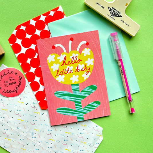 Hello Little Baby Greeting Card | Floral Newborn Patterned Celebration Grandchild Son Daughter