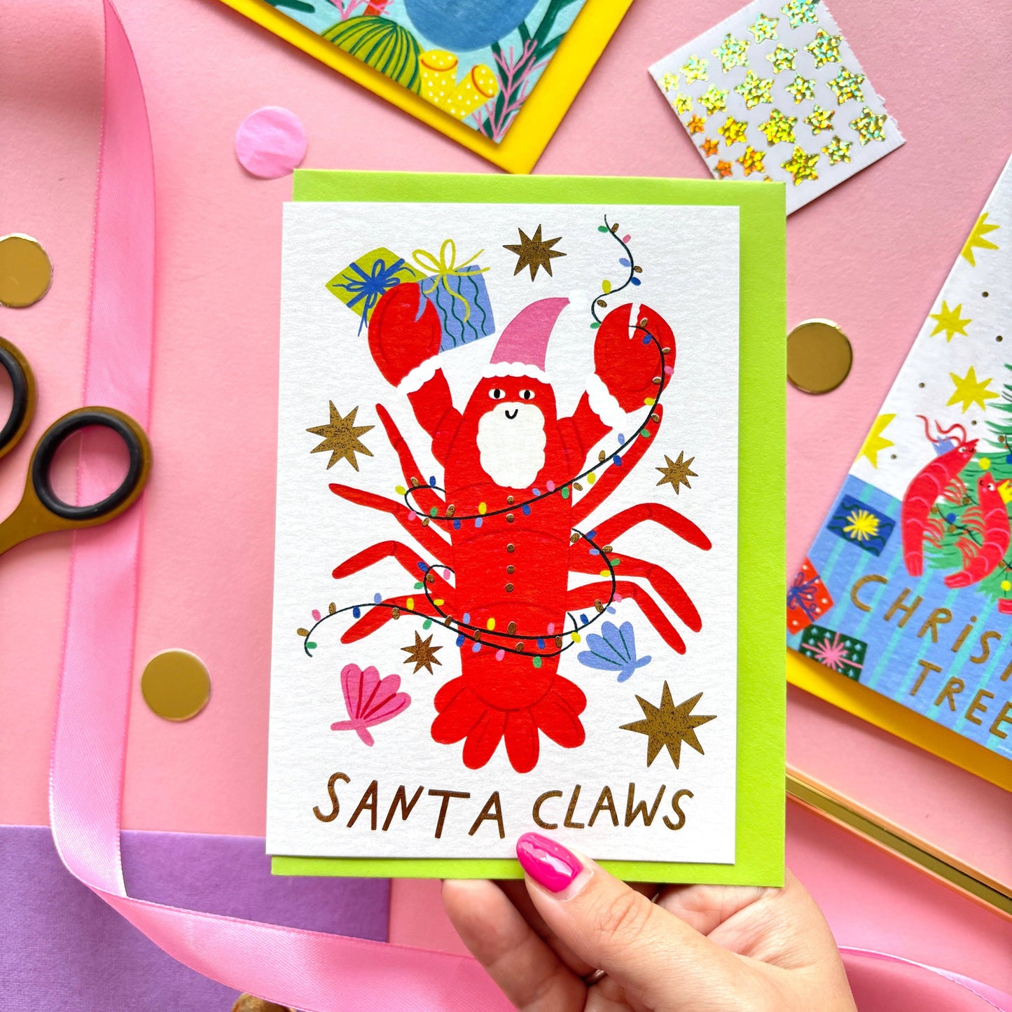 Funny Lobster Santa Claws Christmas Card | Cute Coastal Holiday Card | Christmas Gold Foil Card | Nautical Xmas Card