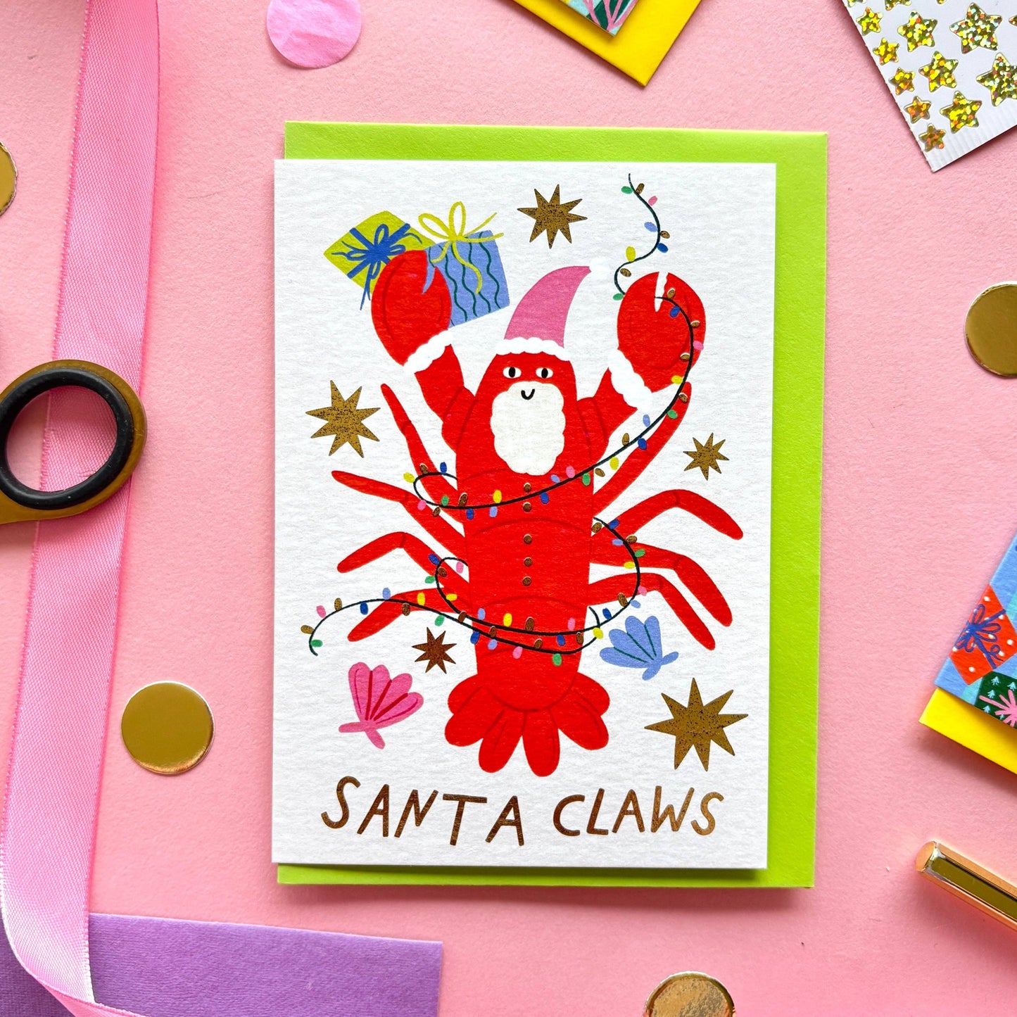 Funny Lobster Santa Claws Christmas Card | Cute Coastal Holiday Card | Christmas Gold Foil Card | Nautical Xmas Card