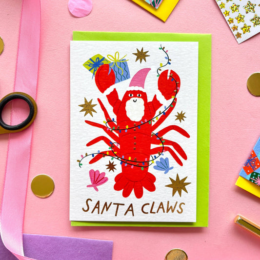 Funny Lobster Santa Claws Christmas Card | Cute Coastal Holiday Card | Christmas Gold Foil Card | Nautical Xmas Card