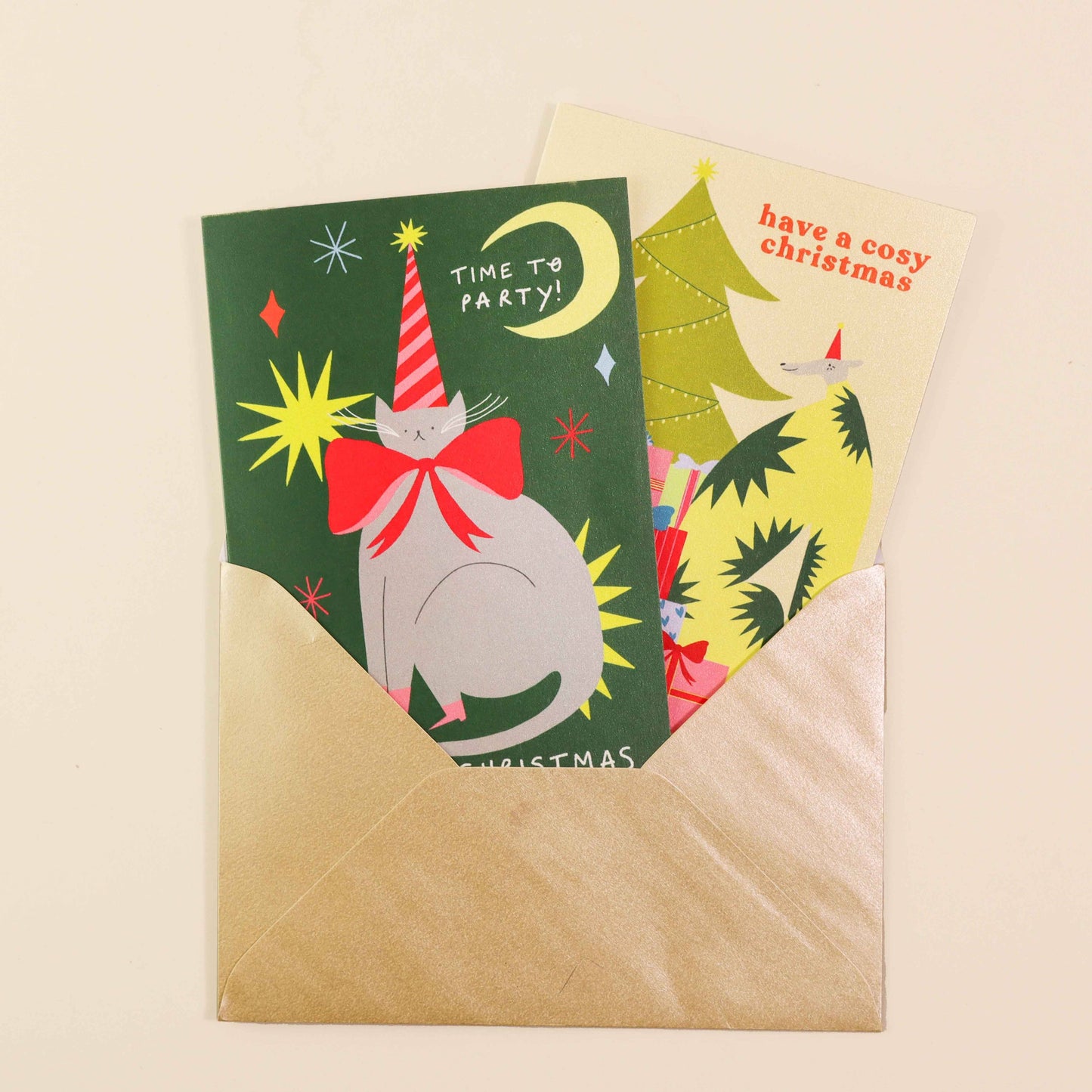 Time To Party Christmas Card | Cat Card | Party Hat | Moon