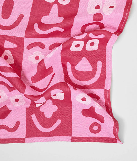 Faces Pink / Maroon Woven Cotton Tea Towel