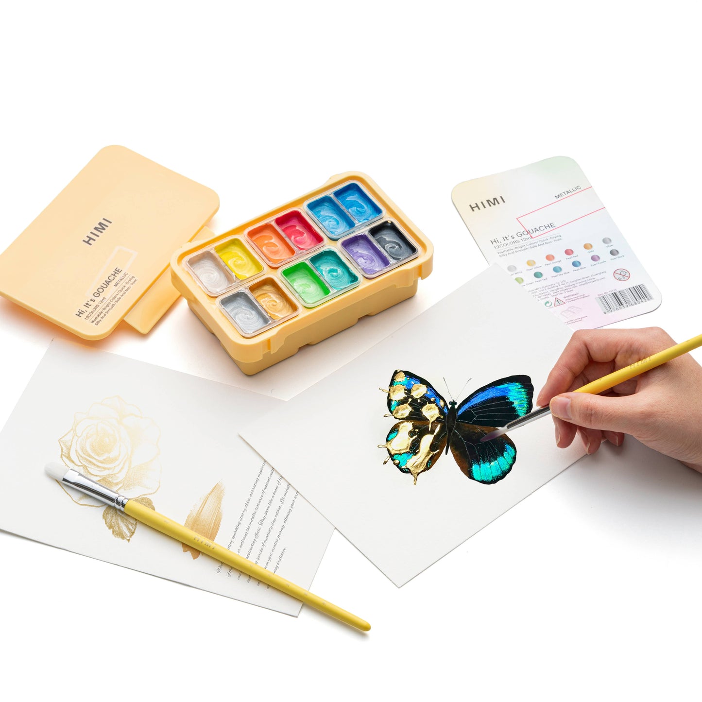 HIMI Twin Cup Gouache Set, 12 Colours, Yellow Case Metallic